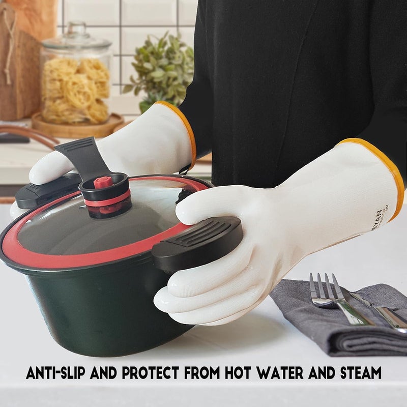 DEYAN Silicone BBQ & Oven Gloves - Food Grade, Heat Resistant Waterproof & Oil Proof Gloves for Grilling, Baking, Frying, Cooking - Long Sleeve & Non-Slip Grip, 1 Pair (White, 8/M) - Image 4